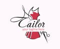 Creative vector tailor logo. Sewing, clothing, needlework and sphere of services. Hand made symbol in trendy line style with