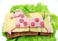 Creative vegetable sandwich with cheese and sausage Royalty Free Stock Photo