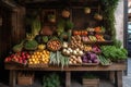 creative vegetable stand with fruits, vegetables, and herbs on display in urban market Royalty Free Stock Photo