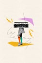 Creative vertical collage banner poster standing young vintage girl legs cassette player instead body music listener