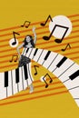 Creative vertical collage dancing charming woman nightparty music instrument keys piano motion rhythm notes drawing