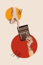 Creative vertical collage human hand give calculator accountant expert count numbers funds economy finance funds capital