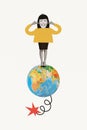 Creative vertical collage picture annoyed young girl standing huge globe earth planet closed ears ignoring loud noise