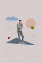 Creative vertical collage picture poster lonely sad young standing man feel depressed under autumn weather drawing Royalty Free Stock Photo
