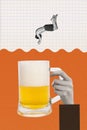 Creative vertical collage picture retro arm hold beer glass crazy guy jumping diving into foam fantasy drawing