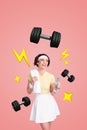 Creative vertical collage picture young happy trainer coach sportswoman workout exhausted dumbbell bodycare drink water