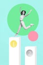 Creative vertical collage of positive person black white design jumping from second place to first champion
