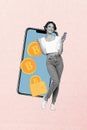 Creative vertical collage poster young happy girl online payment bitcoin cryptocurrency eshop consumer rich wallet