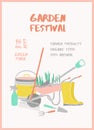 Creative vertical flyer or poster template with gardening tools and place for text for garden festival, farmer market