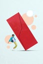 Creative vertical illustration collage of young crazy guy hardworking and pushing big dangerous red column isolated on Royalty Free Stock Photo