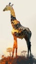 Creative vertical image with full body side silhouette of giraffe with double exposure of African savanna in sunset in silhouette