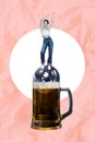 Creative vertical photo advertisement collage of young relaxed energetic woman dancing have fun retro disco ball beer