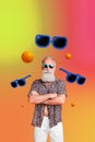 Creative vertical photo collage standing retired man sunglass folded hands stylish funky man grandfather tourist