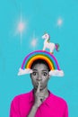 Creative vertical picture collage young frustrated scared woman colorful rainbow pony horse surreal dream imagination
