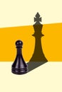 Creative vertical poster collage black chess elements pawn king shadow intellectual board game tournament thinking