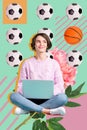 Creative vertical poster smiling cheerful young lady sit floor laptop computer internet user football basketball fan