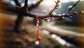 Creative vibrant red and white Martisor, Martenitsa tied to blooming branch in soft sunlight springtime. Traditional Moldavian,