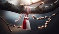 Creative vibrant red and white Martisor, Martenitsa tied to blooming branch in soft sunlight springtime. Traditional Moldavian,