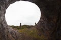 Creative View from within a discarded boiler drum looking out of a vent-like hole on to the unused Porth Wen Brickworks site