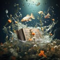 Creative Vintage Book Sunk in Aquarium with Golden Fishes