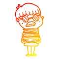 A creative warm gradient line drawing cartoon boy with books wearing spectacles