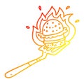 A creative warm gradient line drawing cartoon flaming burger on spatula