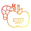 A creative warm gradient line drawing cartoon grumpy apple and caterpillar