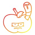A creative warm gradient line drawing cartoon worm eating an angry apple