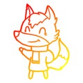 A creative warm gradient line drawing friendly cartoon wolf in winter clothes