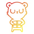 A creative warm gradient line drawing peaceful cartoon bear with present