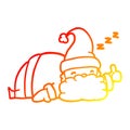 A creative warm gradient line drawing sleepy santa giving thumbs up symbol