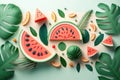 Creative watermelon layout. Summer trendy bright pattern with sliced watermelon and tropical leaves. AI Generation