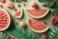 Creative watermelon layout. Summer trendy bright pattern with sliced watermelon and tropical leaves. AI Generation