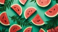 Creative watermelon layout. Summer trendy bright pattern with sliced watermelon and tropical leaves, Above, flatlay with copy