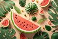 Creative watermelon layout. Summer trendy bright pattern with sliced watermelon and tropical leaves. AI Generation