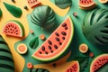 Creative watermelon layout. Summer trendy bright pattern with sliced watermelon and tropical leaves. AI Generation