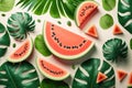 Creative watermelon layout. Summer trendy bright pattern with sliced watermelon and tropical leaves. AI Generation