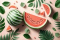 Creative watermelon layout. Summer trendy bright pattern with sliced watermelon and tropical leaves. AI Generation