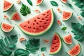 Creative watermelon layout. Summer trendy bright pattern with sliced watermelon and tropical leaves. AI Generation