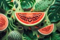 Creative watermelon layout. Summer trendy bright pattern with sliced watermelon and tropical leaves. AI Generation