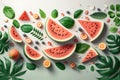 Creative watermelon layout. Summer trendy bright pattern with sliced watermelon and tropical leaves. AI Generation