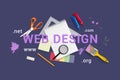 Creative web design concept flat lay composition. Text surrounded with tools on purple surface