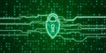 Creative web protection sign with binary code and lines on green background. Web safety and security, shield, padlock and