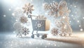 Winter Shopping Concept with Snowflakes and Cart, AI Generated