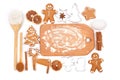 Creative winter time baking background. Kitchen utensils and ingredients for christmas homemade gingerbread cookies