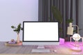 Creative wooden designer office desktop with blank white computer screen, decorative plant and other objects. Mock up, 3D Royalty Free Stock Photo