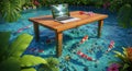 Creative work setup with laptop on a table surrounded by colorful koi fish in a serene pond environment Royalty Free Stock Photo