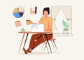 Creative worker using digital devices and programs in project. Hand drawn style vector design illustrations. Home work.