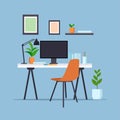 Creative workplace with computer monitor empty no people cabinet modern office furniture flat Royalty Free Stock Photo