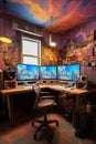 creative workplace with computer monitors and inspirational wall art